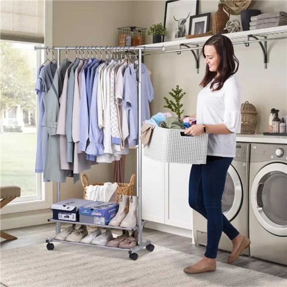 2 Shelves Clothing Racks, Garment Rack Heavy Duty Metal Wardrobe Rack, Grey - Picture 5 of 6
